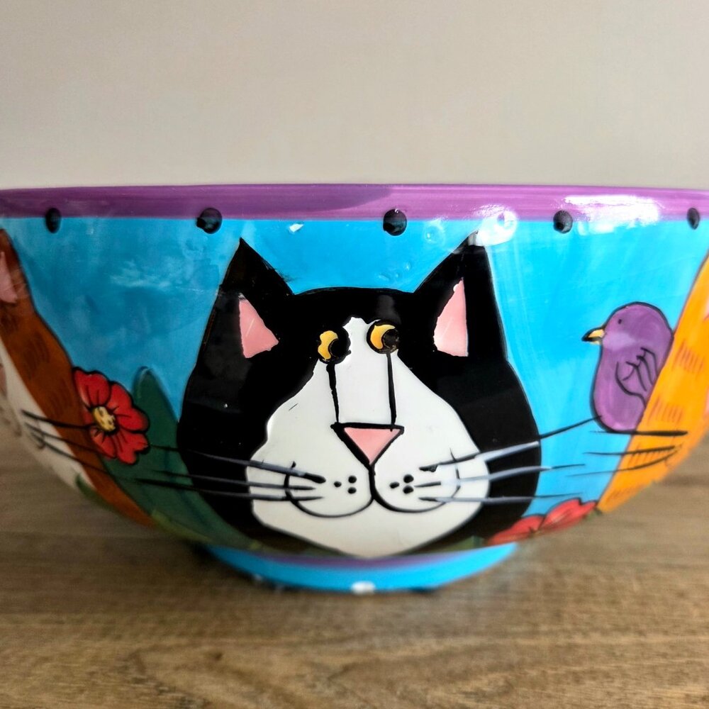 Large vintage ceramic bowl Catzilla 1999 by Candace Reiter w/hand painted cats. - Picture 5 of 10